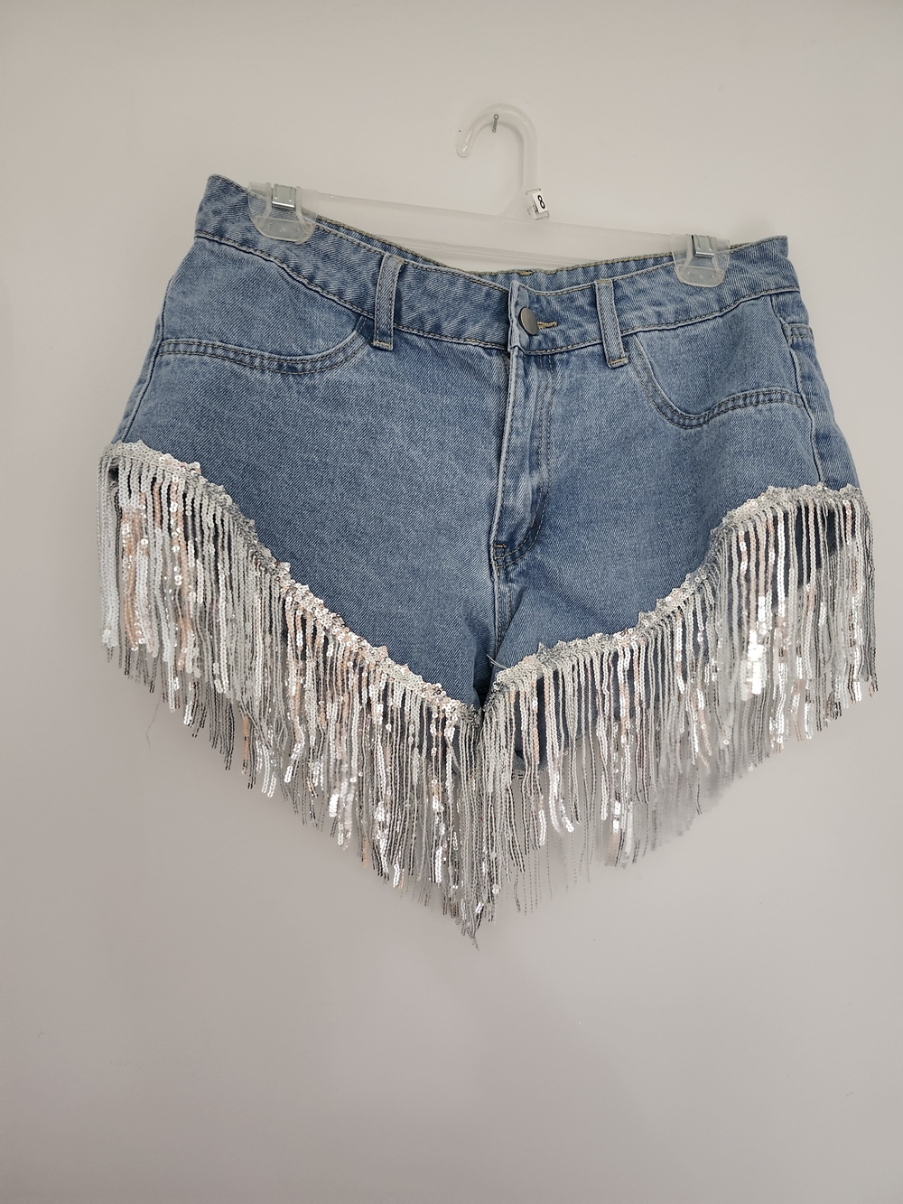 Sequin Fringe Denim Shorts, Festival, Silver Fringe, Size Medium
